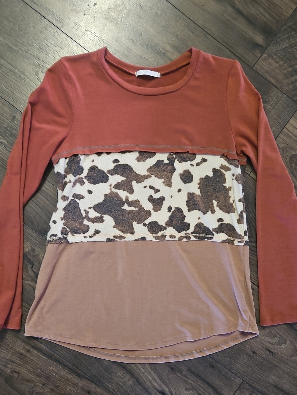 Colorblock Long-Sleeve Top with Cow Print Panel - Rust/Brown